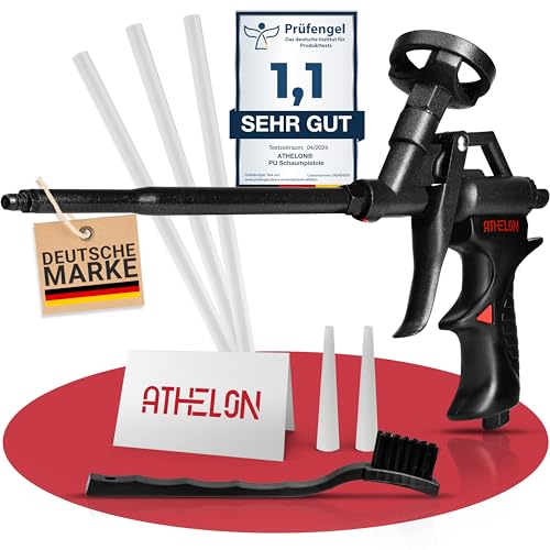 ATHELON® PU Schaumpistole - Ergonomische Bauschaumpistole mit Teflon-Beschichtung, Feindosierungsventil & Aufsätzen für das präzise und einfache Auftragen von Bauschaum & Montageschaum