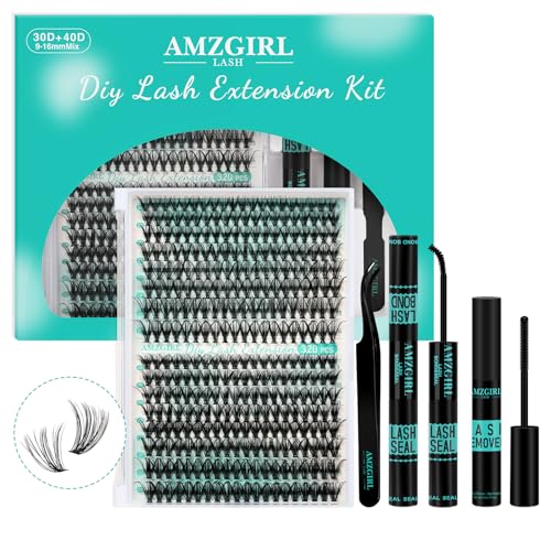 Lash Extension Set 320Pcs Wimpern Extensions Set Wimpern Extensions Cluster Lashes 3040D Einzelne Wimpern mit Lash Bond and Seal,Wimpern Entferne, Wimpern Pinzette Lash Extension(3040D,9-16MIX KIT)