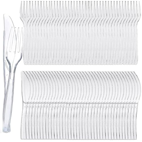 Kiuiom Partygeschirr Plastik, Partybesteck Wiederverwendbar, Plastikbesteck Mehrweg, 200PCS Plastikgabeln Plastik Messer Partyzubehör Geeignet für Geburtstage Partys Hochzeiten Camping Desserts