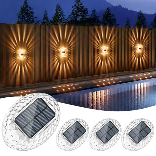 Quntis Solar Wandleuchte Außen 4er Set, Wasserdichte Solarlampen für Außen Wand, 360° Beleuchtung Garten-Deko, Außenleuchte für Zaun Balkon Terrasse Mauer Treppe, Solarleuchte Zaunbeleuchtung Warmweiß