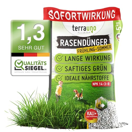 TerraUno Rasendünger Frühjahr/Sommer I Sofortwirkung für saftiges grün I 20 kg für 1000 m² I gesunder Rasen verdrängt Moos und Unkraut I NPK Dünger Rasen I Gegen Trockenstress I Für den Streuwagen
