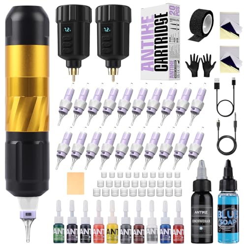 Tattoo Maschine Set Kabellos mit 2stk 1500mAh LED-Digitalanzeige Tattoo Akku 20stk Tattoo Nadeln 11 Tattoo Farbe,Tattoo Starter Set Komplett für Anfänger und Tattoo Künstler AK-TK3001EU-9