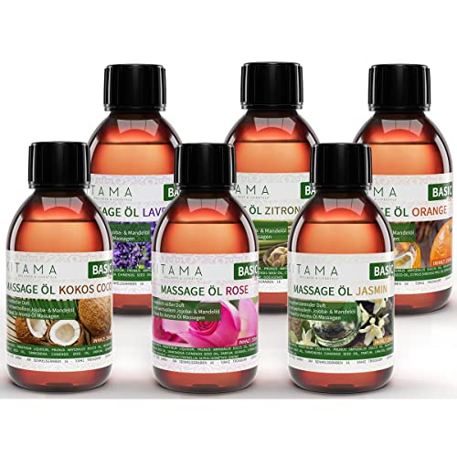 Kitama Massageöl Aroma Set 6 x 250ml - Aroma Jasmin, Rose, Orange, Lavendel, Kokos & Zitronengras - Aroma-Öl Haut-Öl Pflege-Öl