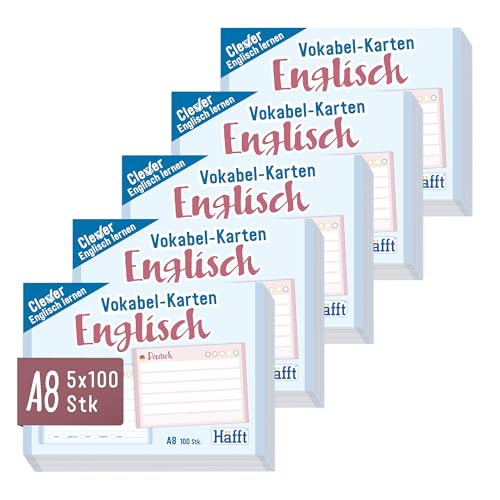 Häfft® 5er-Pack Vokabel-Karten A8 Englisch liniert, 500 Stück, mit Ampel-Prinzip für das Langzeitgedächtnis - passend für gängige Lernboxen, handlich für unterwegs