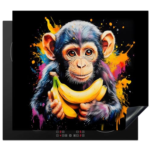 KitchenYeah© Herdabdeckplatte Einteilig 60x52 cm Küche Ceranfeld Abdeckplatte Cerankochfeld Abdeckung Induktionskochfeld Schutzmatte Affe - Graffiti - Farbenfroh - Bananen - Modern