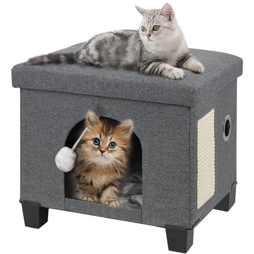 BRIAN & DANY Katzenhöhle, Leinen Katzenhaus Höhle für Katzen mit Kratzbrett und Spielball, 45 x 37.5 x 38 cm, Dunkel Grau
