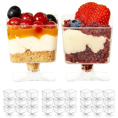 MATANA 100 Mini Plastik Dessertschalen, Dessertgläser mit Fuß für Partys, 60ml - Kleine Dessert Schalen, Dessertbecher, Plastikbecher Nachspeise