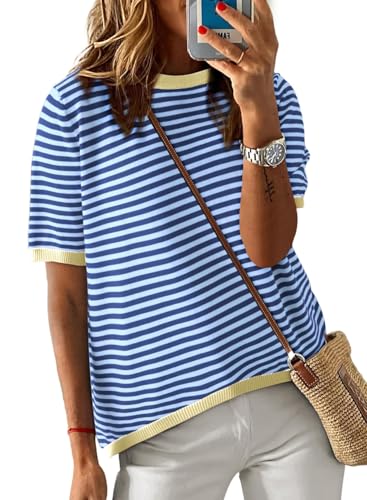 Cuptacc Tops Damen Gestreiftes T Shirt Damen Sommer Rundhals Oberteile Damen Bluse Baumwolle Locker Top Blau Mittel M 38-40
