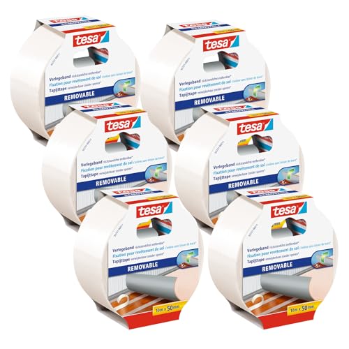 tesa Verlegeband rückstandsfrei entfernbar im 6er Pack - Gewebeverstärktes, doppelseitiges Klebeband zum Verkleben von Teppich- und PVC-Bodenbelägen - 6 Rollen je 10 m x 50 mm