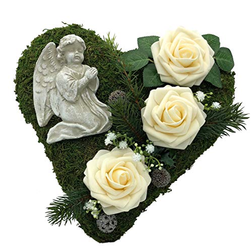 Grabgesteck Grabschmuck Grabaufleger Moosherz Grabherz Trauerherz Grab Herz Gesteck Rosen mit Engel (Rosen Creme)