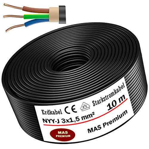 MAS Premium 5-170m NYY-J 3x1,5 2,5 4 6 10 16 oder 5x1,5 2,5 4 6 10 16 Erdkabel Starkstromkabel Elektrokabel Ring zur Verlegung im Freien Erdreich (NYY-J 3x1,5 mm², 10m)