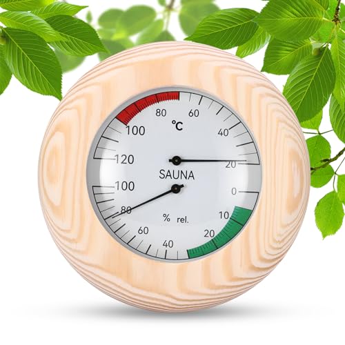 Sauna Thermometer Hygrometer, 2-in-1 Holz Saunathermometer, Rundes Thermo-Hygrometer Aus Holz, Hochpräzises Saunazubehör-Hygrometer, Digitales Thermometer-Hygrometer Für Dampfbad Saunaraum