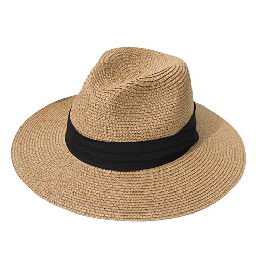 DRESHOW Damen Panama Hut Fedora Strand Sonnenhut Breiter Rand Stroh Aufrollen Hut UPF 50+
