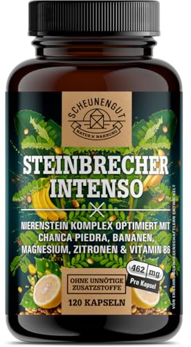 STEINBRECHER INTENSO® Nieren/Harnwege Kapseln - WICHTIG: Laborgeprüfter Komplex mit Steinbrecherkraut/Chanca Piedra, Banane, Magnesium, Zitrone & Vitamin B6-120 Stk- SCHEUNENGUT®