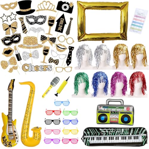 75 Stück Party Deko Fotobox Accessoires,Aufblasbar Musik Party Zubehör,Foto Requisiten,Perücken,Party Dekoration für Hochzeit,Halloween,Weihnachten,Tischdeko Geburtstag,Karneval,Silvester Deko
