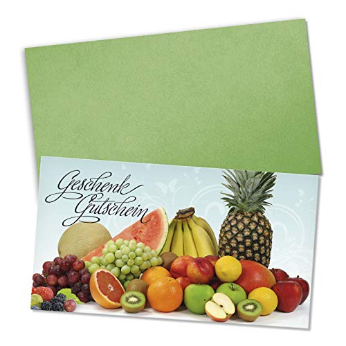 GESCHENKGUTSCHEINcom by POS-HAUER. Gutschein-Set. 50x Gutschein + Kuvert. Für Obst-Geschäft Gemüse-Geschäft, blanko zum selber Ausfüllen.