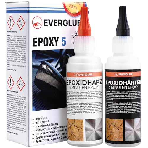 Everglue 5 Minuten Epoxy 200g 2K Epoxidharz mit Härter transparent und hitzebeständig zum Kleben und Versiegeln von Metall Kunststoff Keramik Glas Holz CfK Carbon GfK Glasfaser Marmor Beton Styropor