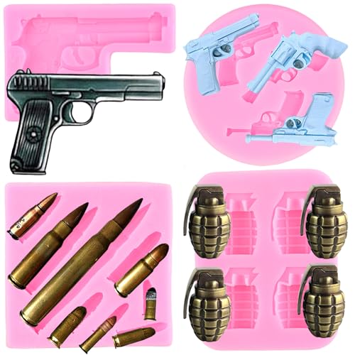 RFGHAC Pistole Silikonformen Bullet Silikonformen Pistole Granate Fondant Form Pistolen Formen für Zucker Kuchen Dekorieren Cupcake Topper Candy Chocolate Gum Paste Polymer Clay 4 Stück