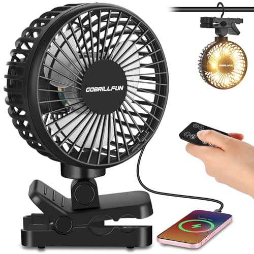 Tragbarer 5-Zoll-Clip-On-Lüfter mit 4000 mAh: Wiederaufladbar mit Powerbank-Funktion, ferngesteuert, LED-Leuchten, Timer, 4 Gänge – perfekt für Kinderwagen, Golfwagen, Büros, Camping und Reisen