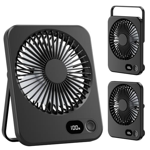 LuJasi Klein Tischventilator USB Leise Ventilator Akku 3600mAh 5 Geschwindigkeiten 180°Einstellbar Tragbarer LED Anzeige Fan Für Büro, Bibliothek, Reise Schwarz