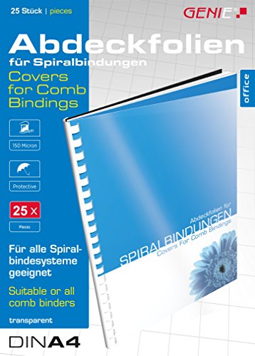 Genie 12385 Deckblätter (DIN A4; glasklar; 150 Micron; geeignet für alle Bindegeräte) 25 Stück transparent
