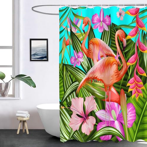 SHROUDEX Flamingo Duschvorhang Tropisch Palme Grüne Blätter Duschvorhänge 180x180 Flamingos Shower Curtains Wasserdicht Flamingo Duschvorhänge Pink 180x200 Textil (1,200 x 200 cm)