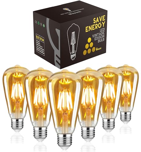 WOOWTT LED Edison Glühbirne, E27 Birnen, 4W Antik Retro Stil LED Vintage Glühlampe, Dimmbar, Filament Glühlampe, Amber Glas, ST64, 2700K, 6 Stück