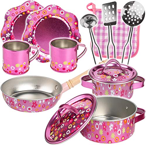 alles-meine.de GmbH 13 TLG. großes Set Kochset & Topfset + Puppengeschirr/Kochtopfset - Bunte Blumen - aus Metall/Emaille - echte Blech Töpfe/Panne + Küchenhelfer - Kochg..