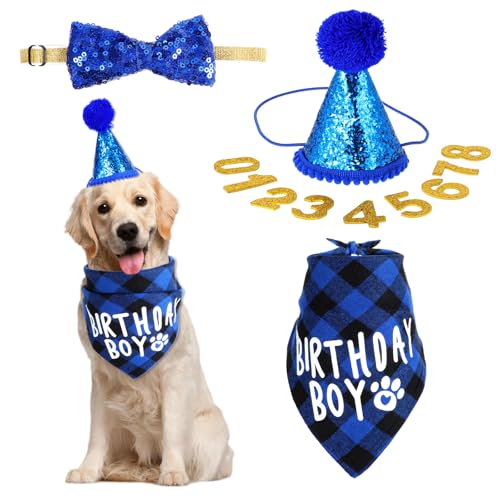 JJUNW 4 Stück Hund Geburtstag Bandana Set, Hund Geburtstag Party Set, Hunde Bandana Mütze mit 8 Bling Nummern und Fliege Hunde Zubehör Set für Welpenkatzenhaustie(blau)