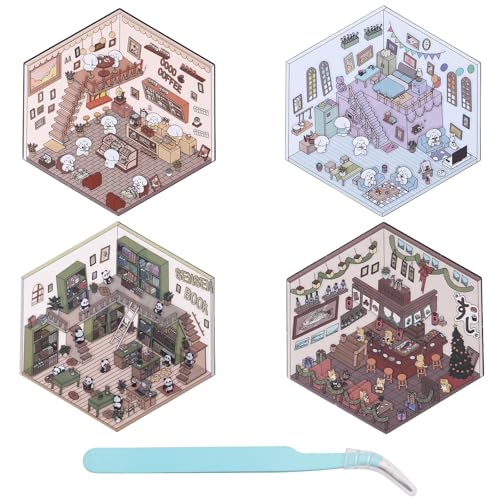 4 Stickerszenen, 3D-Hausaufkleber Sushi-Restaurant Kaffeehaus Wohnung 3D-Aufkleberszene Cartoon-3D Stickerszene für Erwachsene Stressabbau