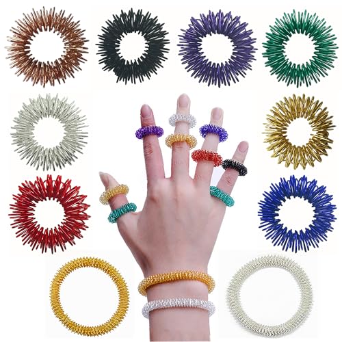 iLamvie 10 Stück Massageringe, 8 Stück Finger Akupressurring und 2 Stück Handgelenk Massage Ring für Kinder Erwachsene Büroangestellte zur Reduzierung von Stressangst.