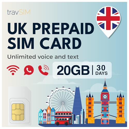 travSIM UK SIM-Karte | 20GB Daten + Unbegrenzte Anrufe & Texte | 4G/5G Geschwindigkeiten | Funktioniert in ganz Großbritannien | SIM-Karte UK ist 30 Tage lang gültig