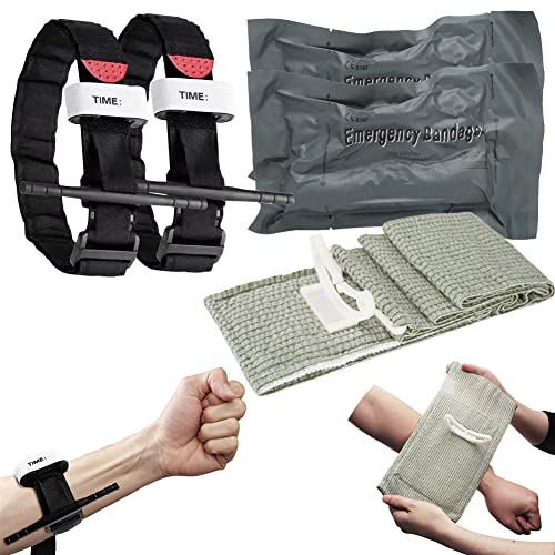 2PCS Taktische Tourniquets+2PCS Israeli Bandage 6" Emergency Bandage mit Vakuumver Packungs für Einhandbedienung des hämostatischen, Notfall Erste-Hilfe Bandage für Wandern Bergsteigen Sport Camping
