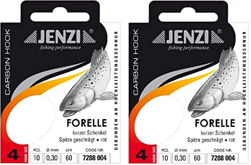 Spar-Set: 2 Packungen JENZI gebundene Forellenhaken (20 Stück) r Mono, 60cm Hakengröße 4, 6, 8, 10 & 12 je nach Auswahl + gratis Petri Heill! Aufkleber (Hakengröße 4)