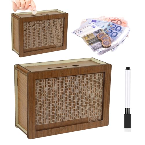 Spardose Holz, 20*14.5*6.5 cm Geldsparbox Holz Cash Box Wood Wiederverwendbare Sparbox mit Zahlen Ankreuzen Cash Saving Box Geld Sparen Box, Geldbox zum Sparen für Hilft Gewohnheit zum Sparen (3000€)