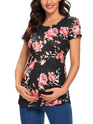 Glampunch Damen Umstands-Tops Kurz & 3/4 Ärmel Rundhals Front Plissee Schößchen Tunika Top Schwangerschaft Shirts, A10 Flower160, Klein