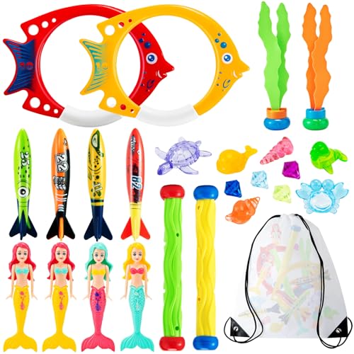 Vinitoy Tauchspielzeug-Set: 24 Stück Pool Spielzeug mit Tauchringen, Meerjungfrauen, Toypedo Banditen, Tauchstöcken, Algenspielzeug und Edelsteinen für Kinder ab 5 Jahren, inkl. Tragetasche
