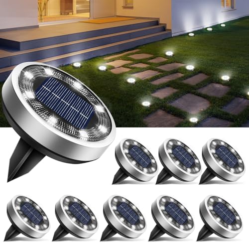 btfarm 9 Stück Solar Bodenleuchten Aussen, 8 LED Gartenbeleuchtung Solar IP65 Wasserdicht Boden Solarleuchten, Solarlampen für Außen Garten Rasen Auffahrt Gehweg Patio, Kaltes Weiß