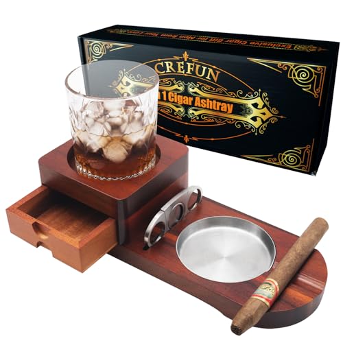 Holz Zigarren Aschenbecher Whiskey Untersetzer - Crefun CK2631 zigarren zubehör für männer Whiskey zigarren geschenkset, mit abnehmbarer aschenbecher Schublade Zigarrenschneider und 2 zigarrenhalter