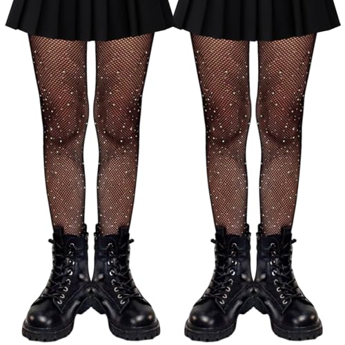UILYNIU 2 Paar Schwarz Glitzer Netzstrumpfhosen Fischernetz für Mädchen Kinder, Strumpfhosen mit Strasssteinen, Kinderstrumpfhosen Tanzstrumpfhosen für 8-13 Jahre Gymnastik Tanz Cosplay Partys