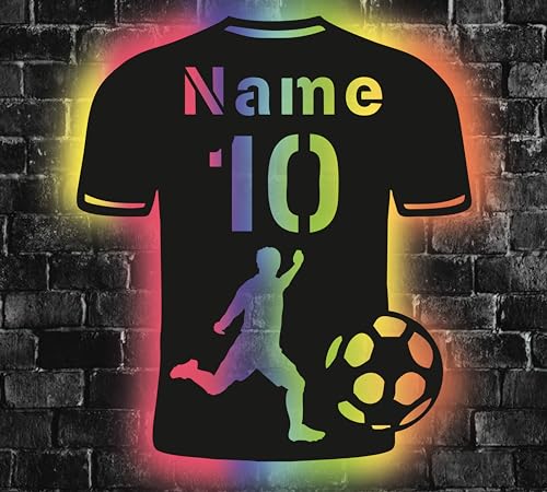 WALUNA® Trikot LED mit Name Nummer Fußball personalisierte Jungen Deko, Geschenke für Fussballer - Nachtlicht Gaming USB Lampe personalisierte Fußball Deko in 12 Holzarben