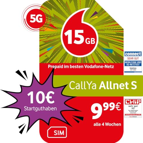 Vodafone Prepaid CallYa S | 15 GB | 10 EUR Startguthaben | ohne Vertrag | 5G-Netz | Telefon- SMS-Flat | EU-Roaming