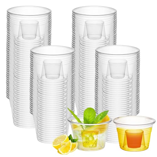 ZHANChen Jager Bomb Shot Becher Plastik 100 Stück Schnapsgläser Plastik 175+25ml Shotgläser Plastik Wiederverwendbar Plastikbecher mit Schnapsglas-Einsatz für Verkostung Partys
