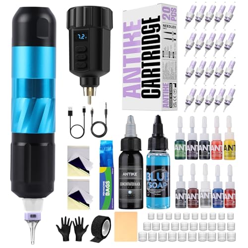 Tattoo Maschine Set Kabellos,Tattoo Kit mit 1500mAh LED-Digitalanzeige Tattoo Akku 20stk Tattoo Nadeln 11 Tattoo Farbe,Tattoo Starter Set Komplett für Anfänger und Tattoo Künstler AK-TK3002EU-3
