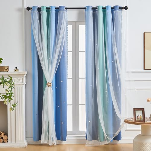 NETMEO 2 Paneele mit Fantasievorhängen im Sternmotiv, Themenzimmer mit Einhorn-Prinzessinnenmotiv, Schlafzimmerverdunkelungsvorhänge, Vorhänge für Mädchenzimmer (Blau Grün Grau, B132xH160cm)