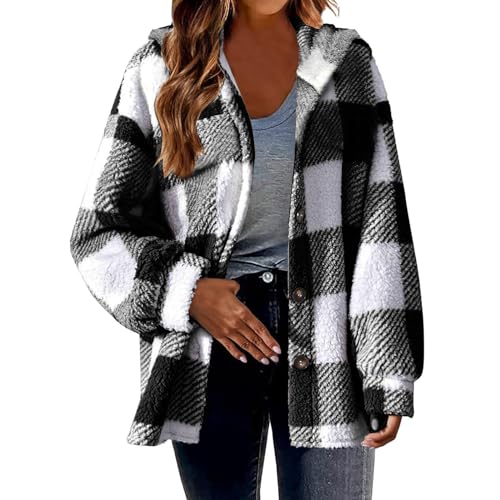 Plüschjacke Damen Karierte Hemdjacke Knöpfen Wintermantel Große Größen Fleecejacke Warme Teddyjacke Kuscheljacke Shacket Teddyfleece Jacke Winter Karohemd WinterjackeMantel die discounter