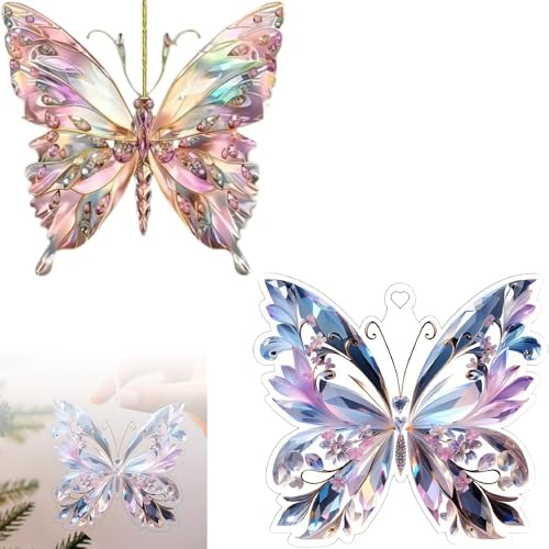 MASUCOR Kristall-Schmetterling-Acryl-Anhänger, Schmetterlings-Anhänger fürs Auto, Schmetterlings-Anhänger-Set mit Diamant-Anhänger, passend für Autoanhänger(2 pcs)