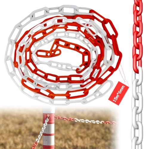 Absperrkette Kunststoffkette Absperrung 15 Meter x 6mm Absperrkette Rot Weiß Kunststoff Warnkette Plastikkette Kunststoff-Gliederkette für Warnsicherheit Parkplatz Absperren
