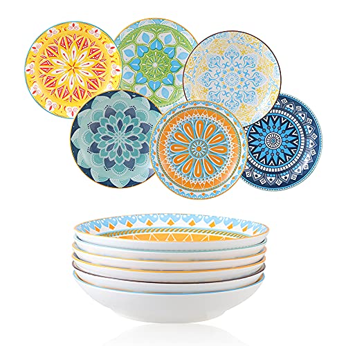 AHX Teller Set Tiefe Teller - Pastateller Suppenteller Salatteller 680 ml - Porzellan Teller Bunt 6er Set 20×4 cm