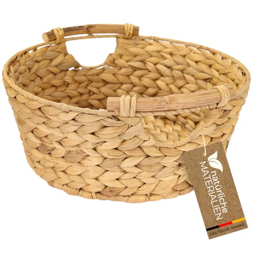 HMF Aufbewahrungskorb rund, Geschenkkorb leer geflochten aus Wasserhyazinthe mit Holzgriffen | 30 x 12 cm